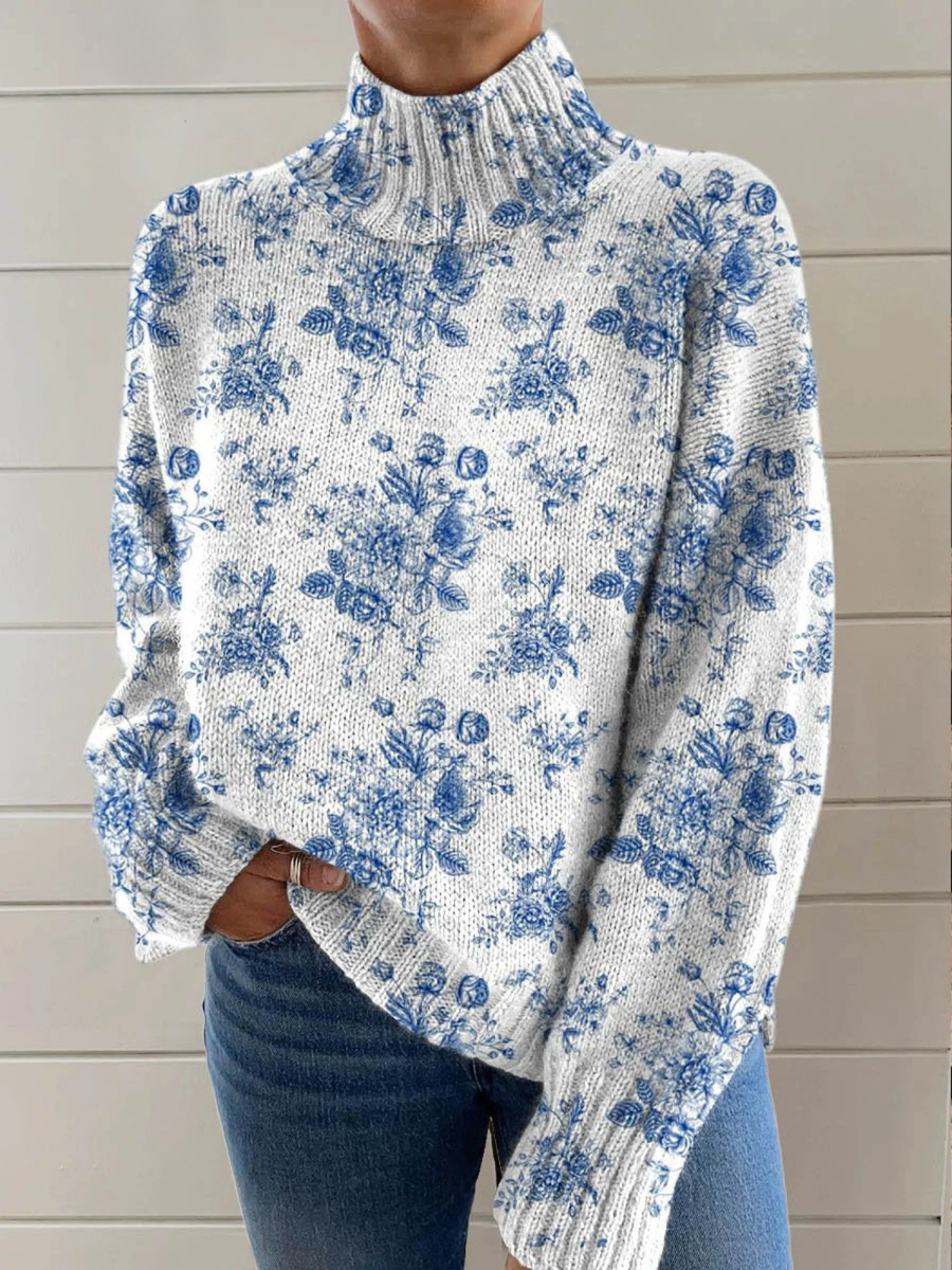 Lilia | sweter ze stójką w kremowo-niebieskie kwiaty