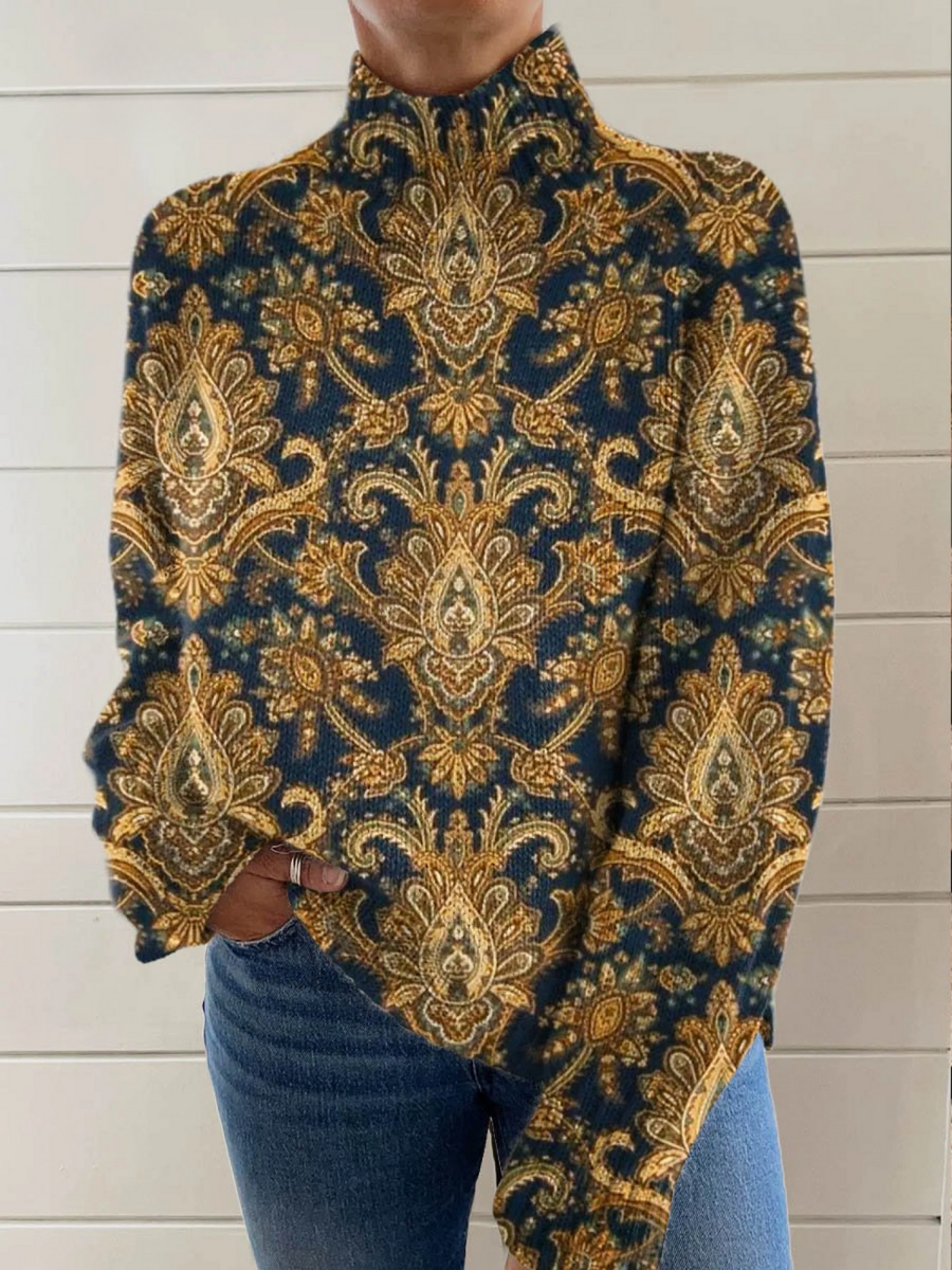 Nela | sweter z wysokim kołnierzem we wzór paisley granatowo-złoty