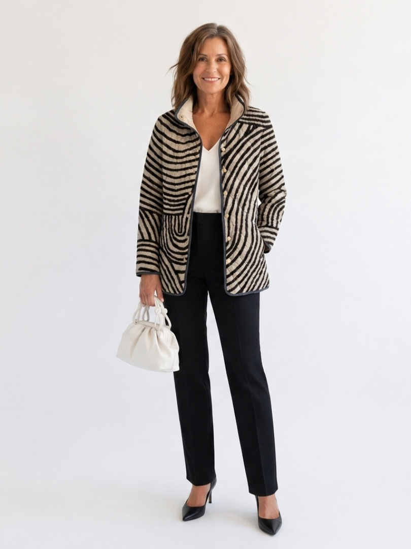 Jolanta | pikowana kurtka damska w rysowane koła, len i czerń