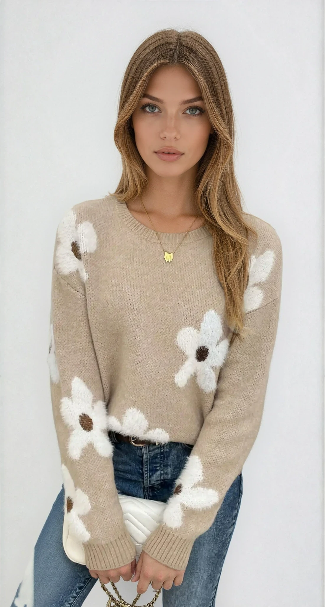 Oriana | sweter khaki w delikatne kwiaty