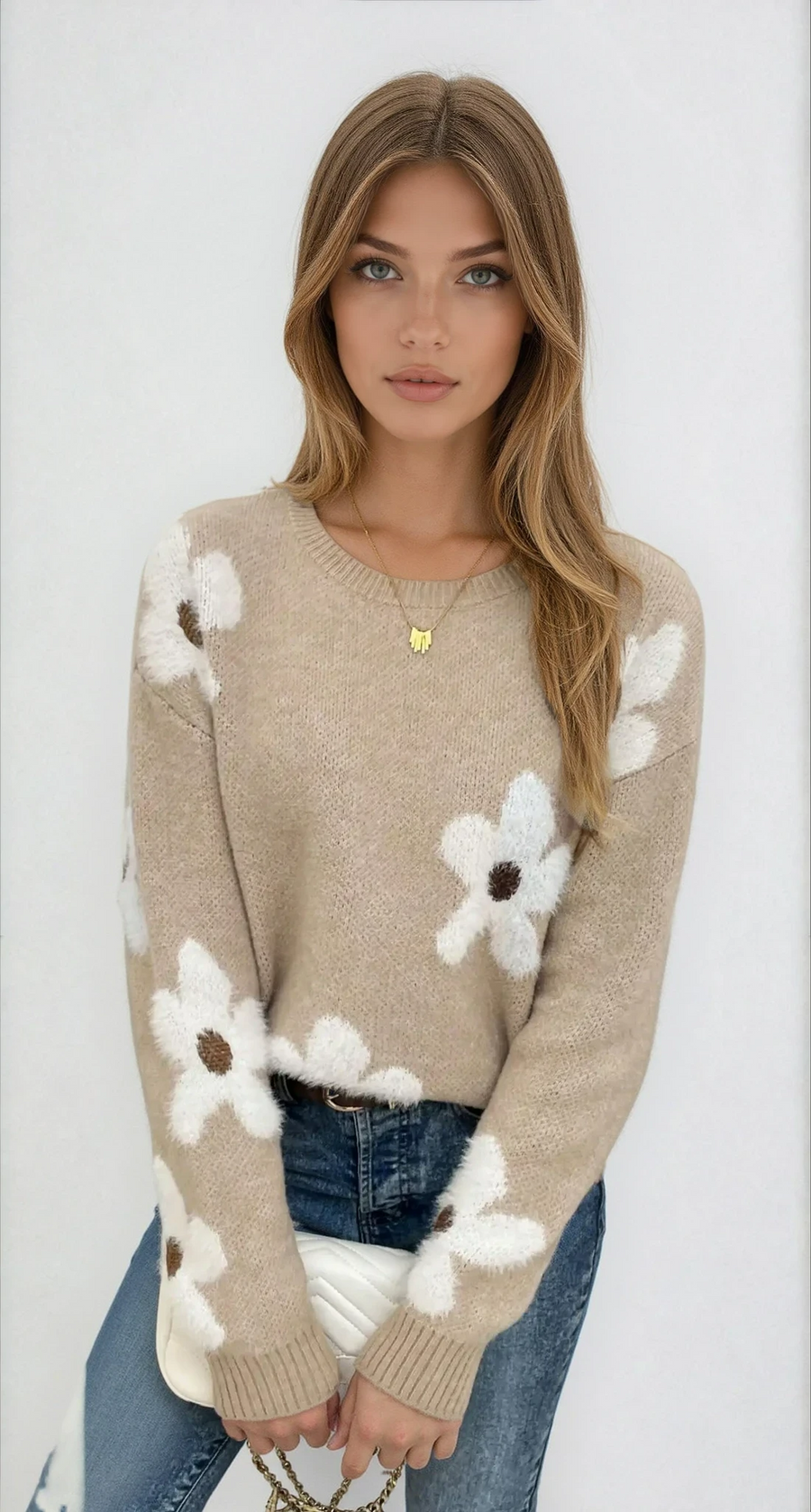 Oriana | sweter khaki w delikatne kwiaty