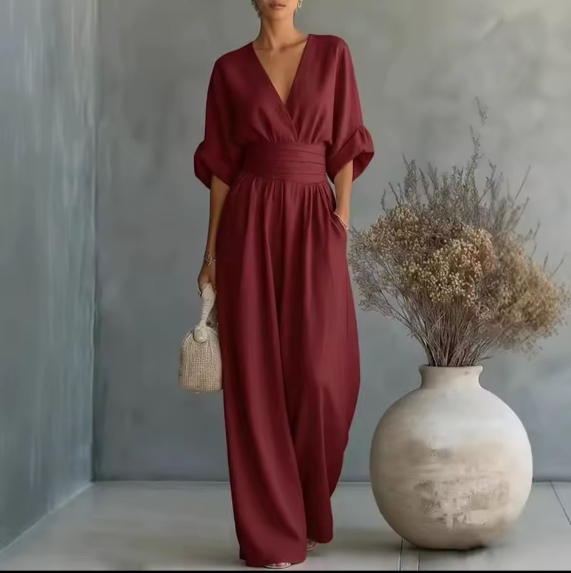 Beata | kombinezon z rękawem kimono i marszczonym pasem