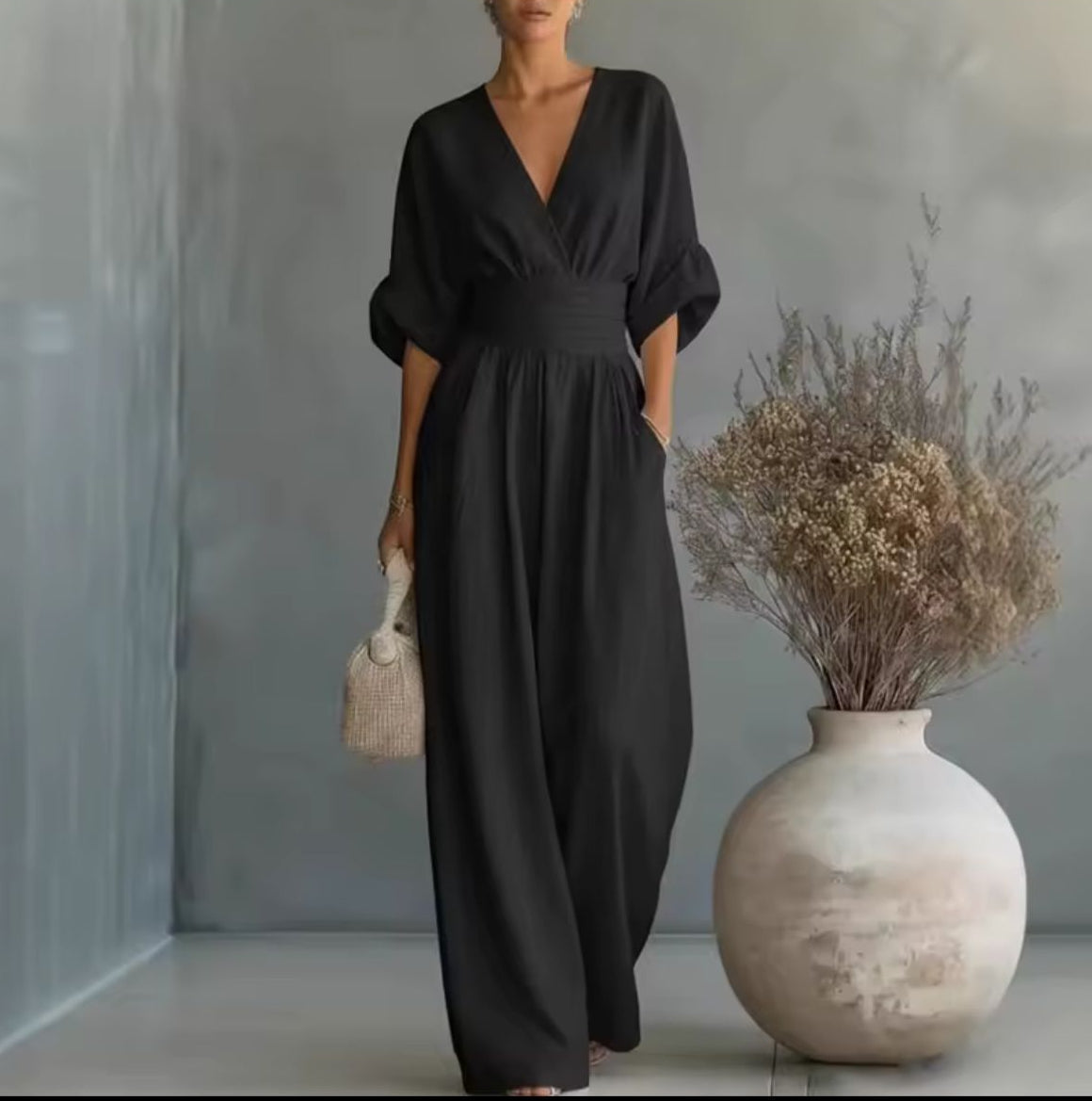 Beata | kombinezon z rękawem kimono i marszczonym pasem
