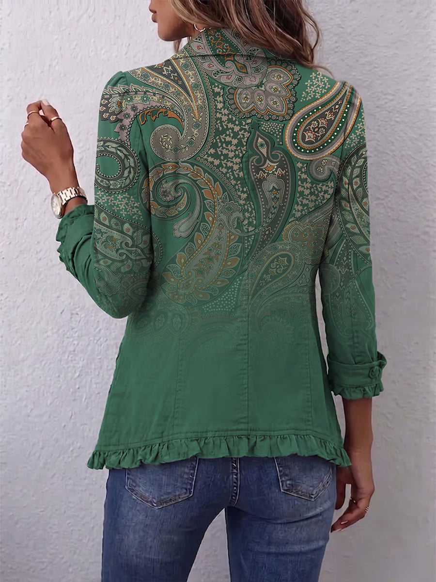 Cosette | Żakiet boho we wzór paisley w zieleni, z falbanami