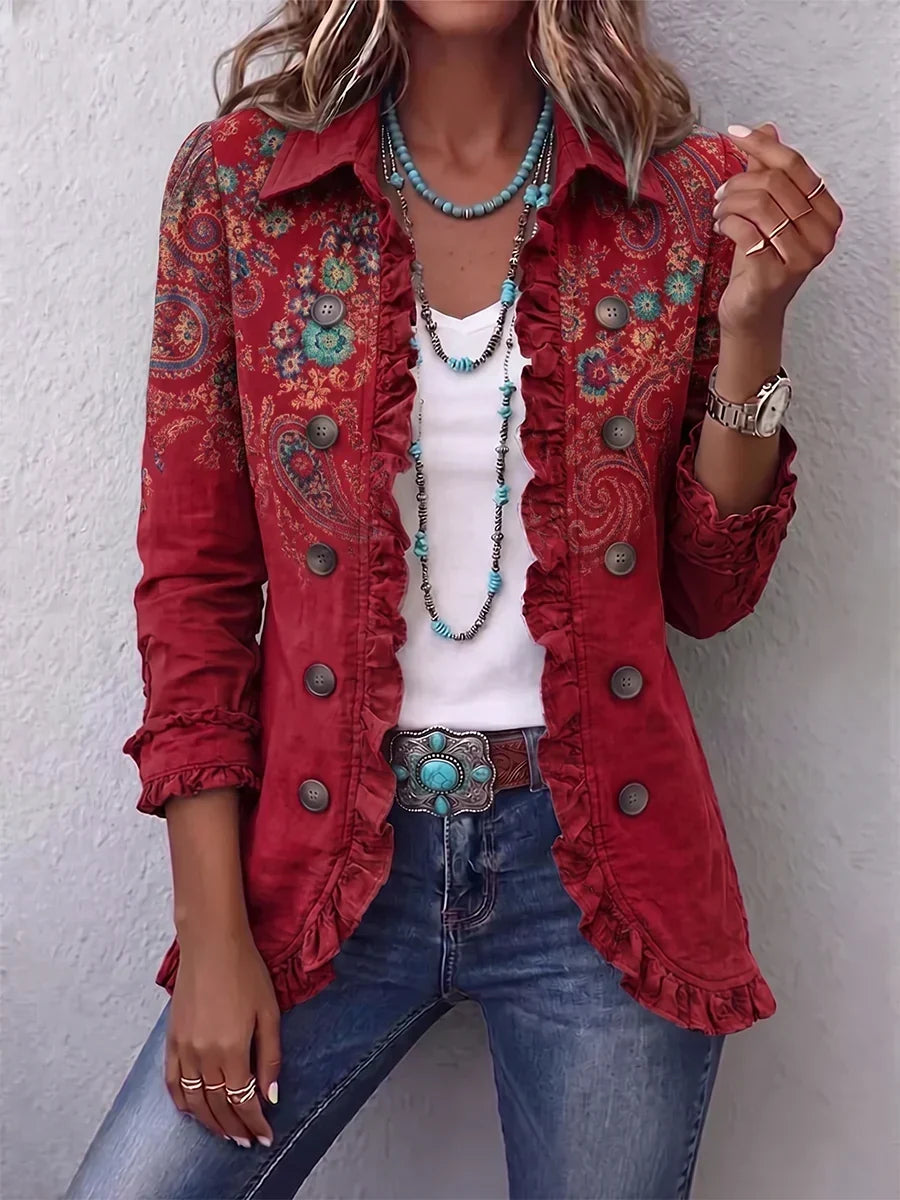 Charlotte | Żakiet boho we wzór paisley w czerwieni, z falbanami
