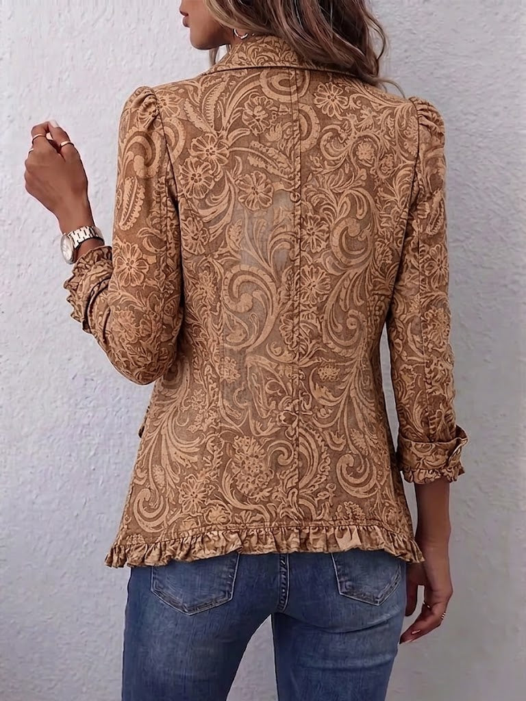 Noémie | Vintage'owy żakiet boho w kwiaty w brązie, z falbanami