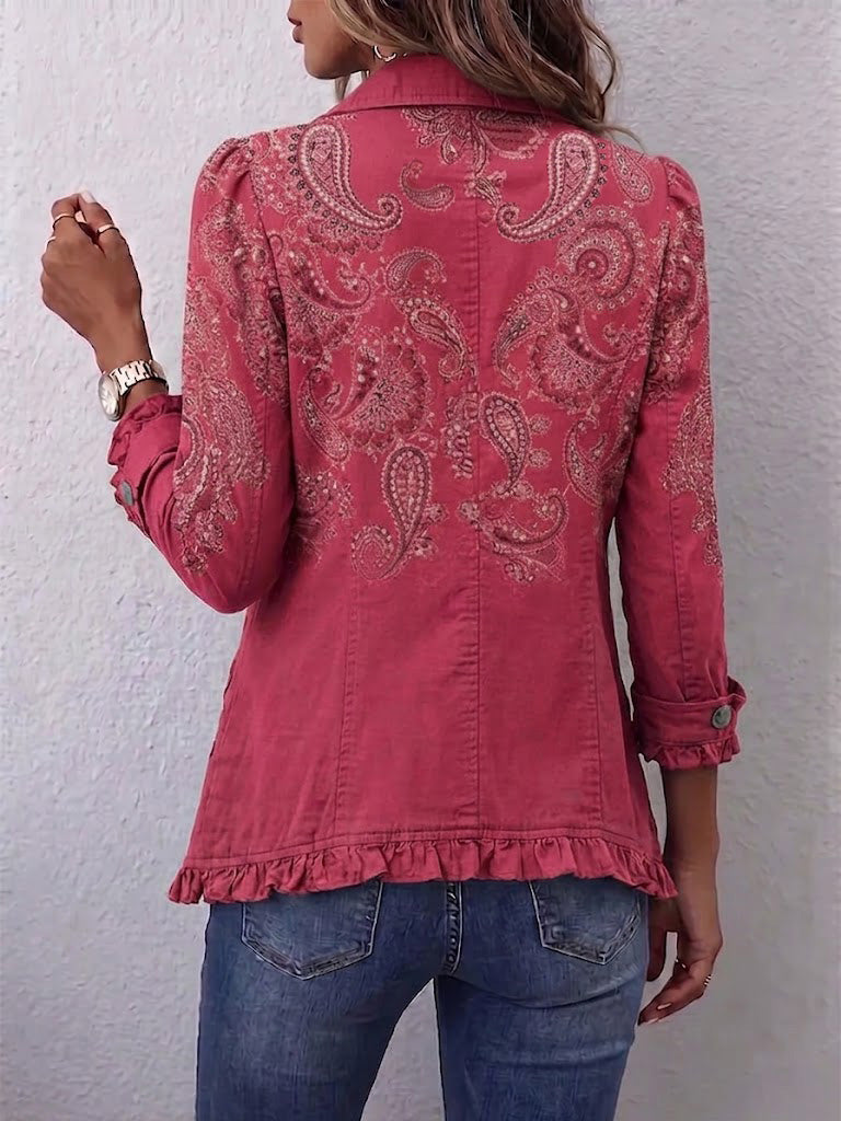 Iseult | Vintage'owy żakiet we wzór paisley w przygaszonym różu, z falbanami