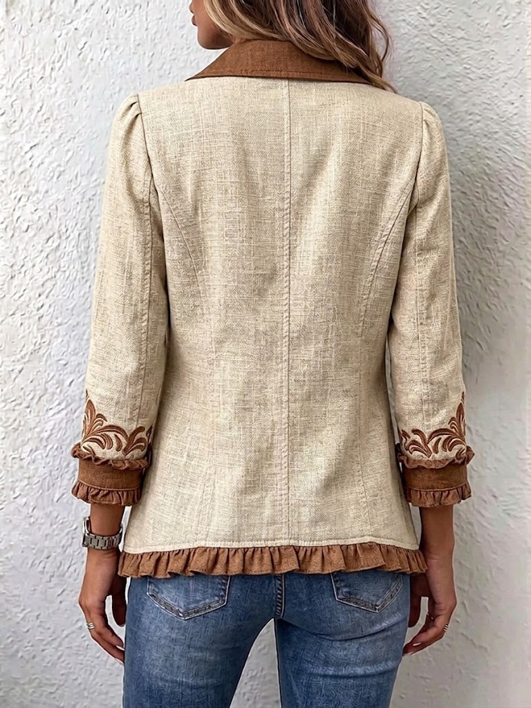 Octavie | Vintage'owy żakiet boho w kwiaty w odcieniach wielbłądzim i brązie, z falbanami