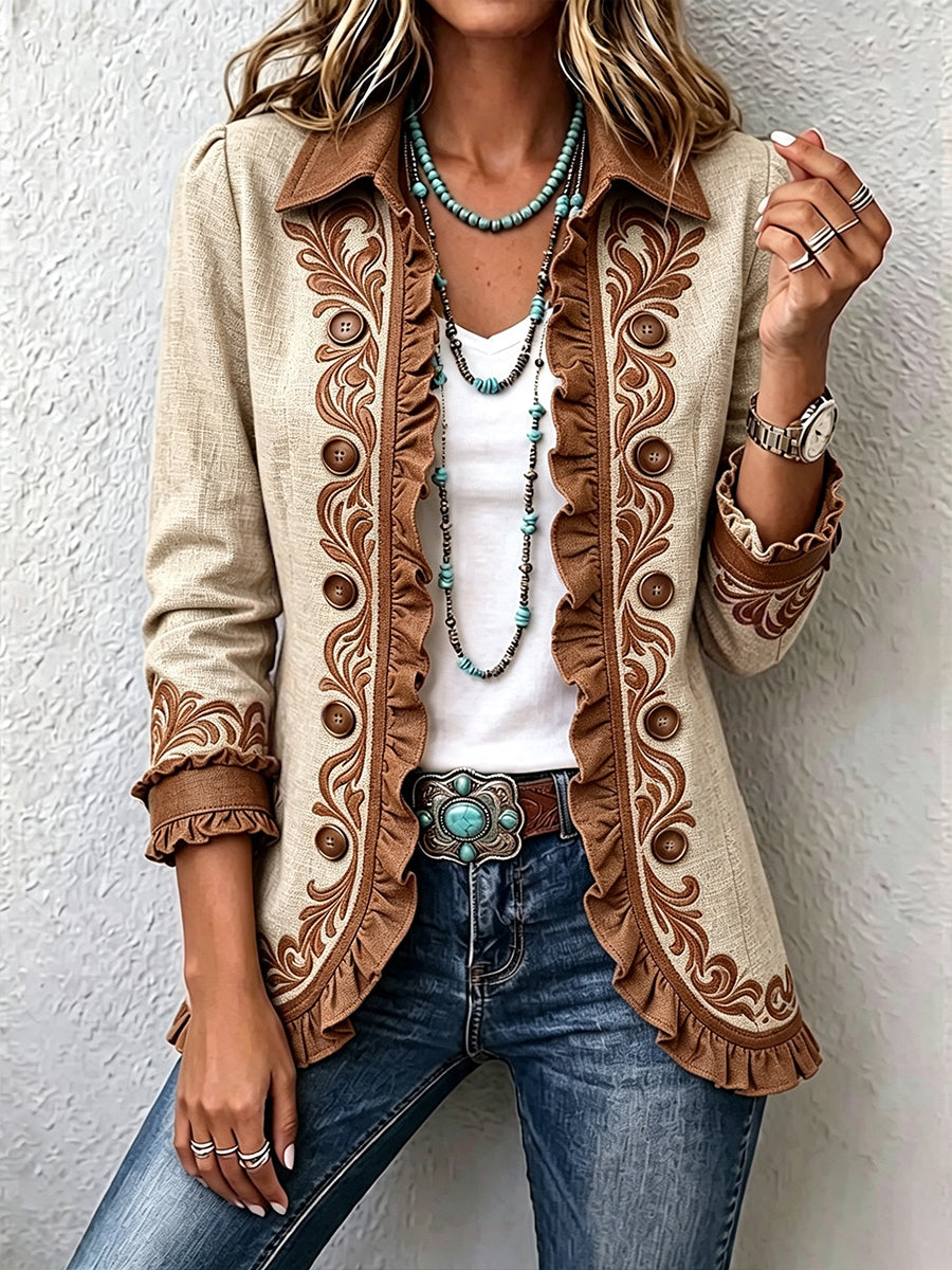 Octavie | Vintage'owy żakiet boho w kwiaty w odcieniach wielbłądzim i brązie, z falbanami