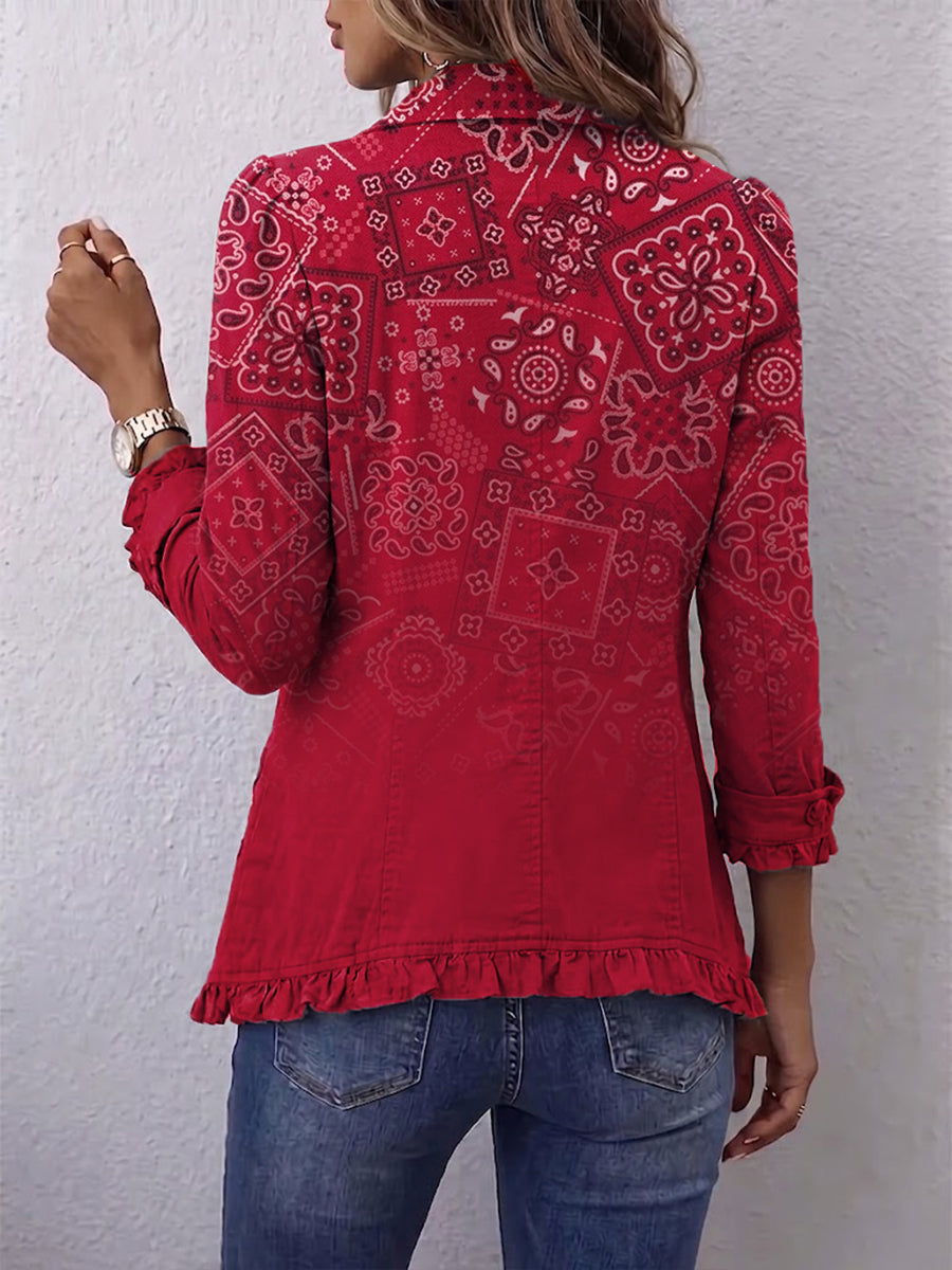 Gaëlle | Żakiet boho we wzór paisley z przejściem w czerwień, z falbanami