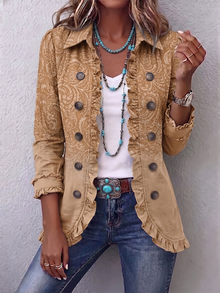 Claire | Żakiet w stylu western z nadrukiem w khaki, z falbanami