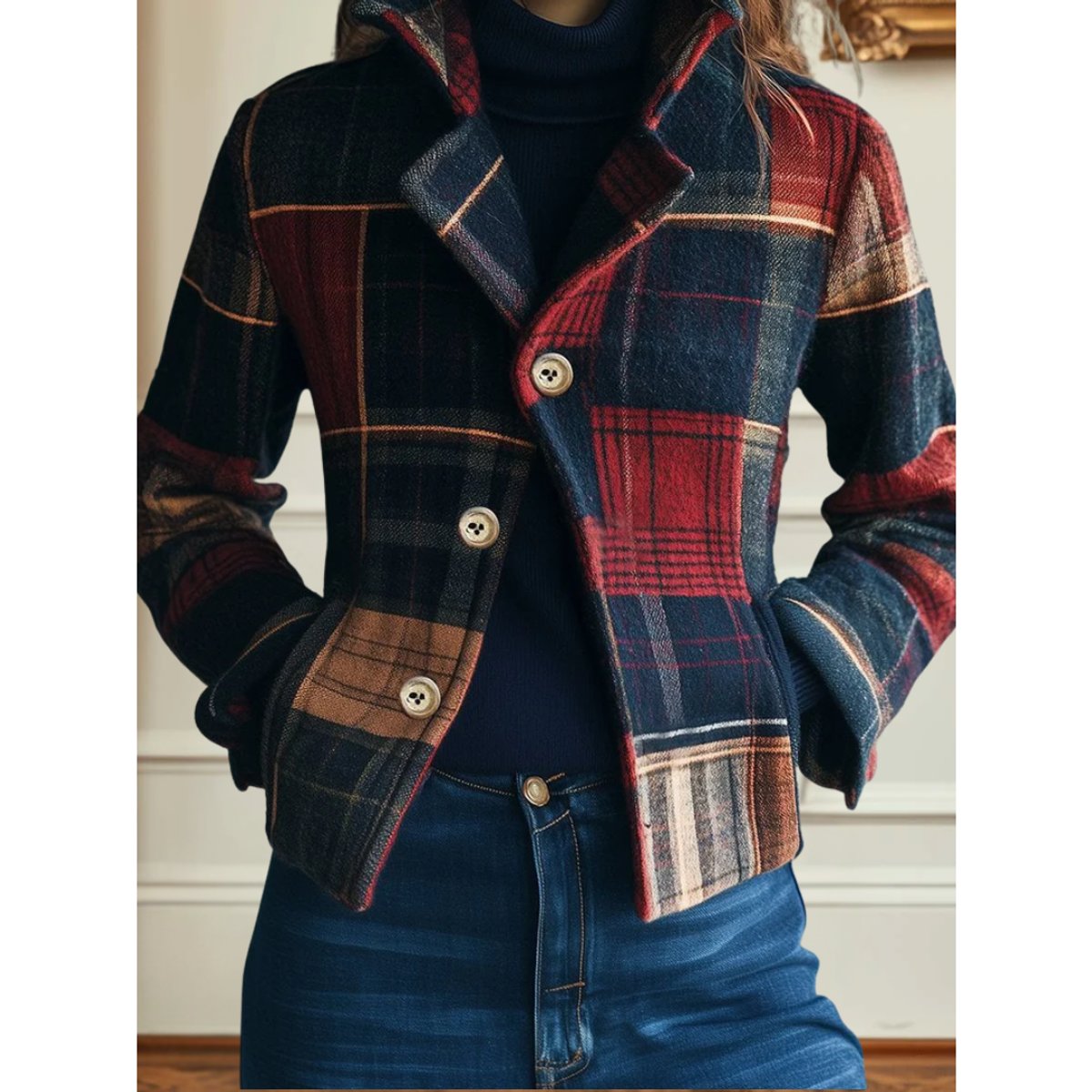Renata | krótka kurtka w kratę typu patchwork
